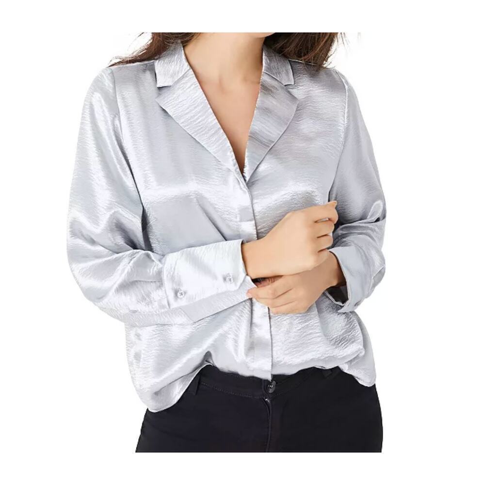 Ellos Liquid Silver Satin Button Front Blouse